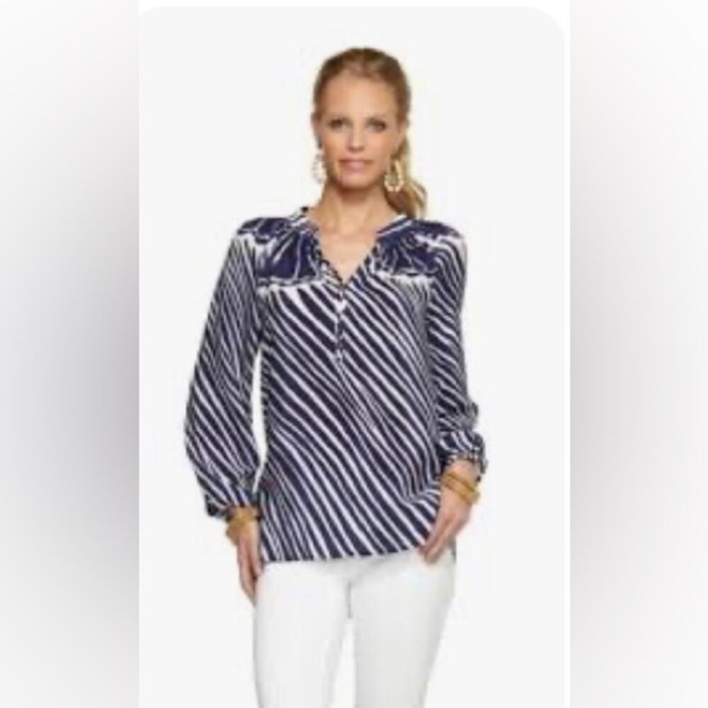Lilly Pulitzer Elsa tunic silk blouse navy white "Shimmy Shell" diagonal women S